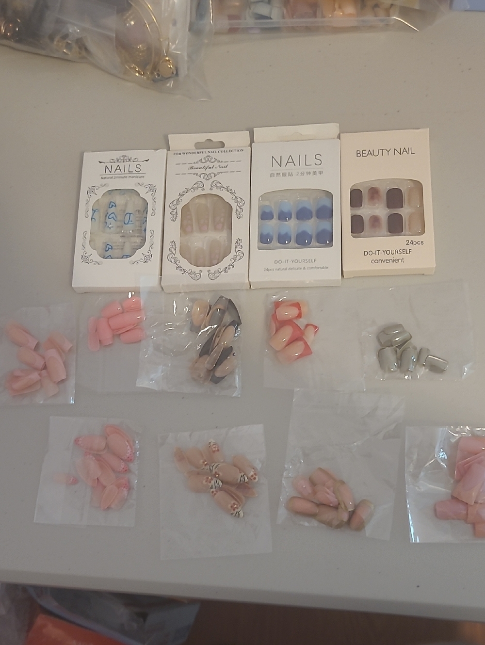 Assorted Press-On Nail Sets - Pastel Pink, Nude, Blue, Gray
